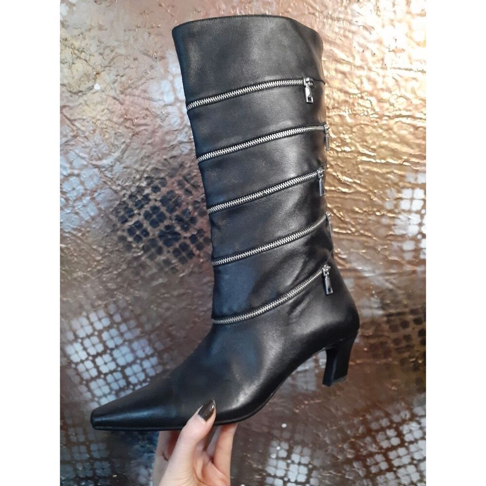 Zara Limited Edition Leather Women’s Black Mid-Calf Zip-Accent Heel Boots